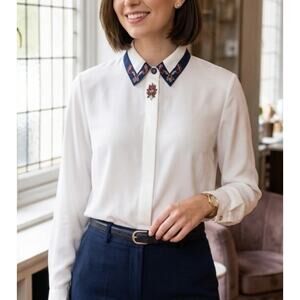 Vintage 90's Koret Minimalist Semi Sheer Blouse with Navy Collar and Embroidery